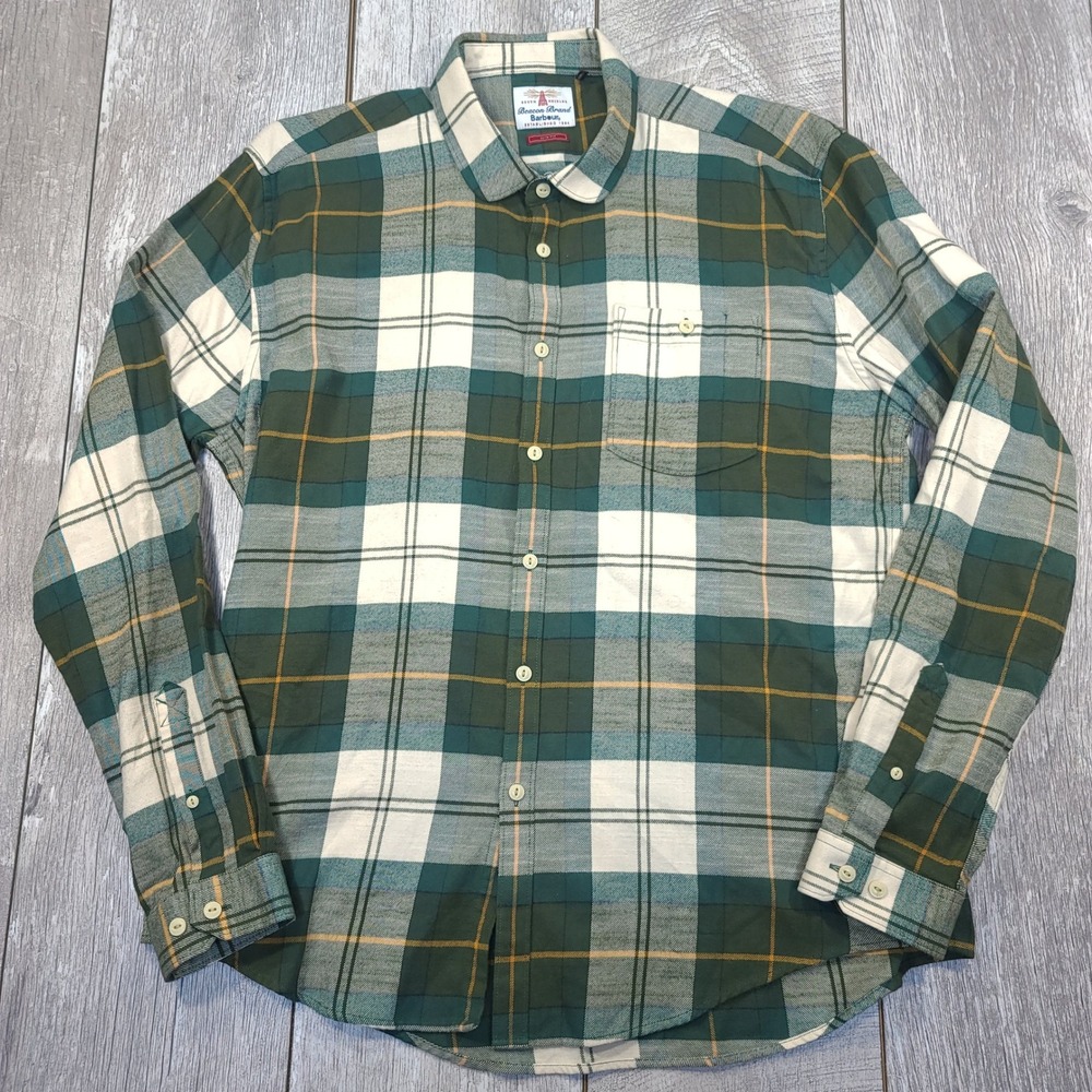 Barbour Straiton Shirt Mens Large Green Plaid Slim Fit Beacon Brand Long Sleeve